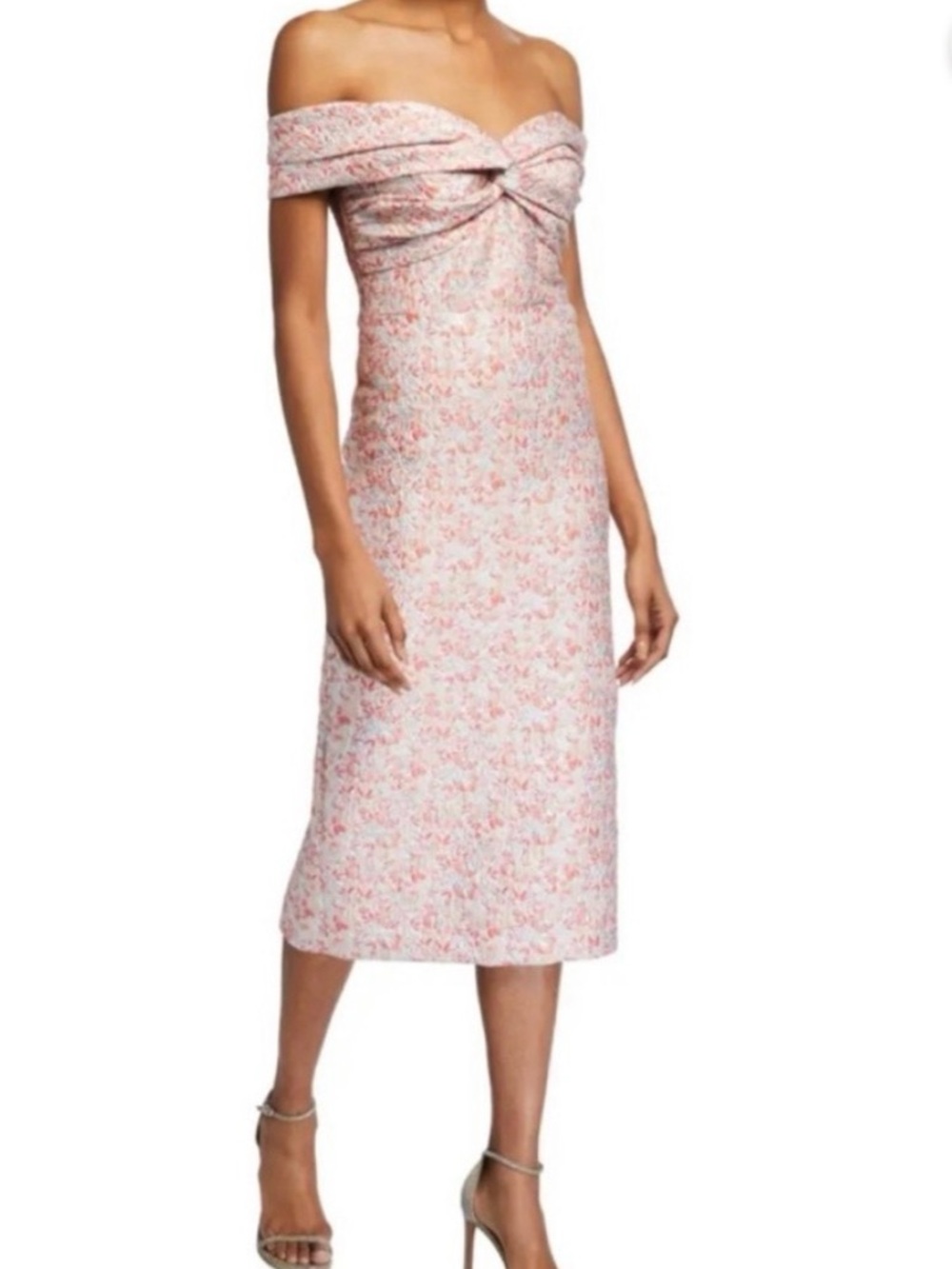 Shoshanna Off-Shoulder Pink Floral Twist-Front Midi Dress